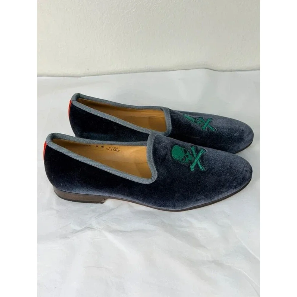 Del Toro Velvet Skull Crossbones Slipper Men Size 8.5 Grey Green Made In Italy